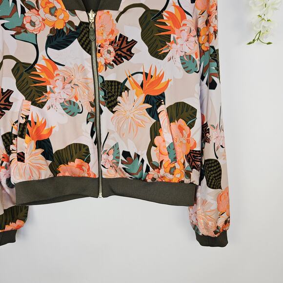 Stella & Dot Reversible Bomber Jacket Satin Olive Green Floral Zip Up Medium Fal - Picture 3 of 13